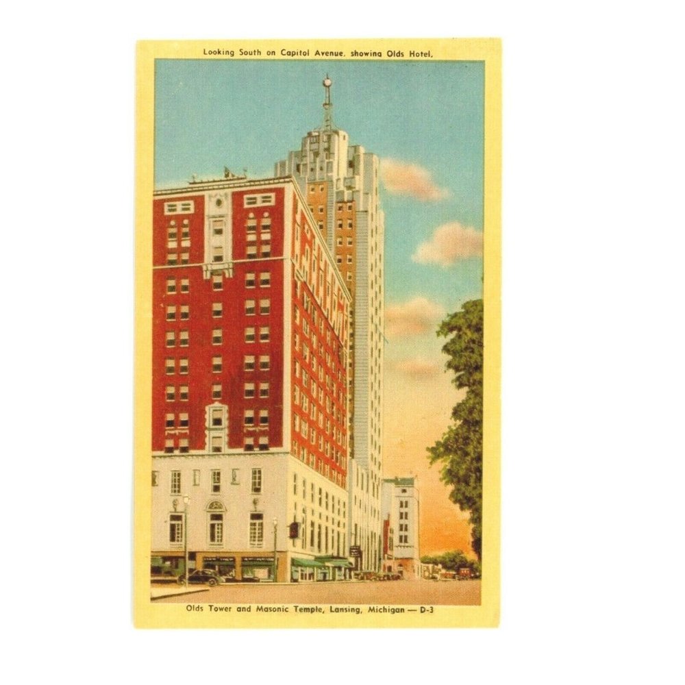 Vintage Postcard Lansing Michigan Capital Avenue Old Hotel Old Tower Unposted